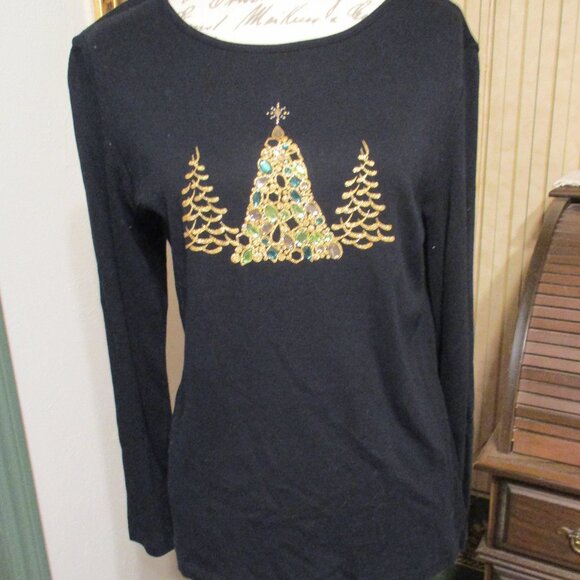 Karen Scott Black Long Sleeved Shirt w/Green & Gold Embellished Christmas Trees - Picture 1 of 5